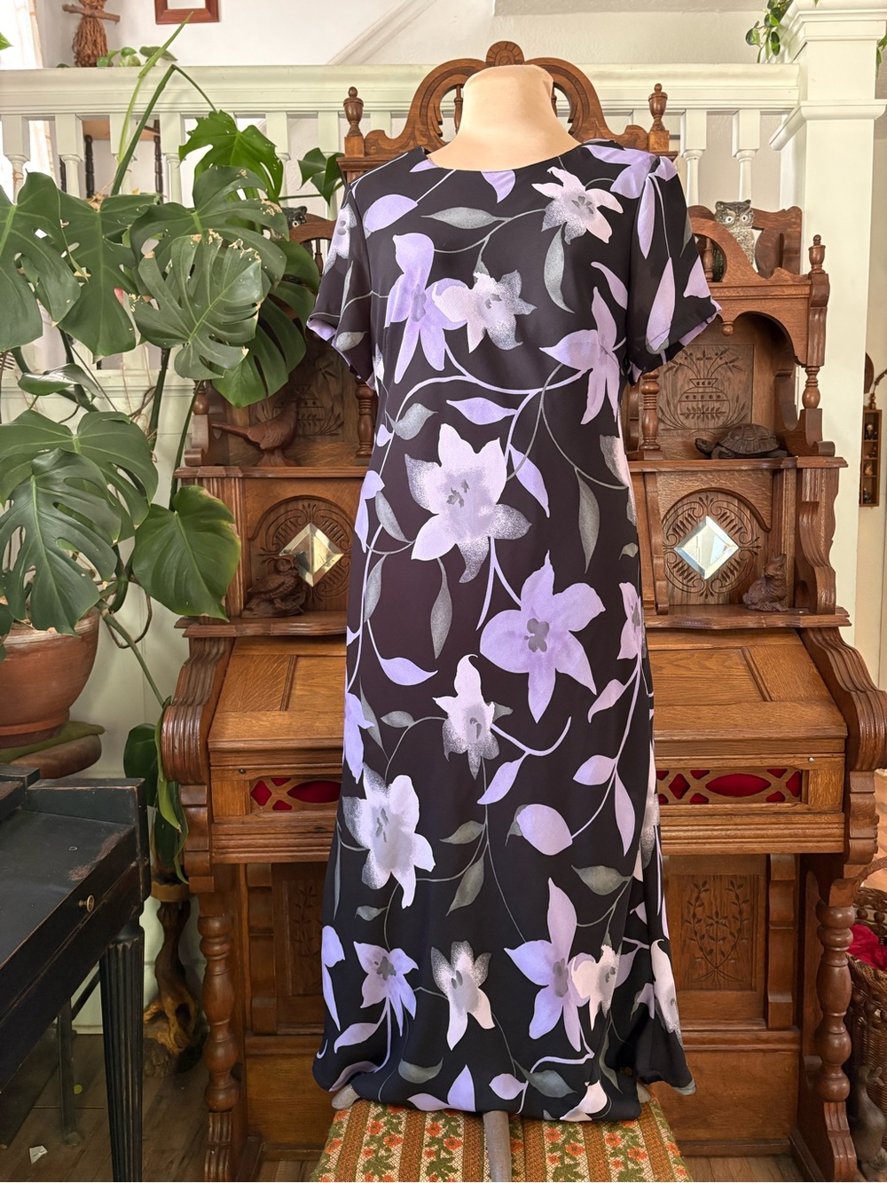 Women's 90s Black Dress with Lavender Floral Print